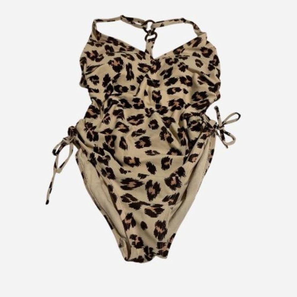 Kona Sol One Piece Swimsuit‎ Women L Tan Leopard Print Excellent Ruched Halter
